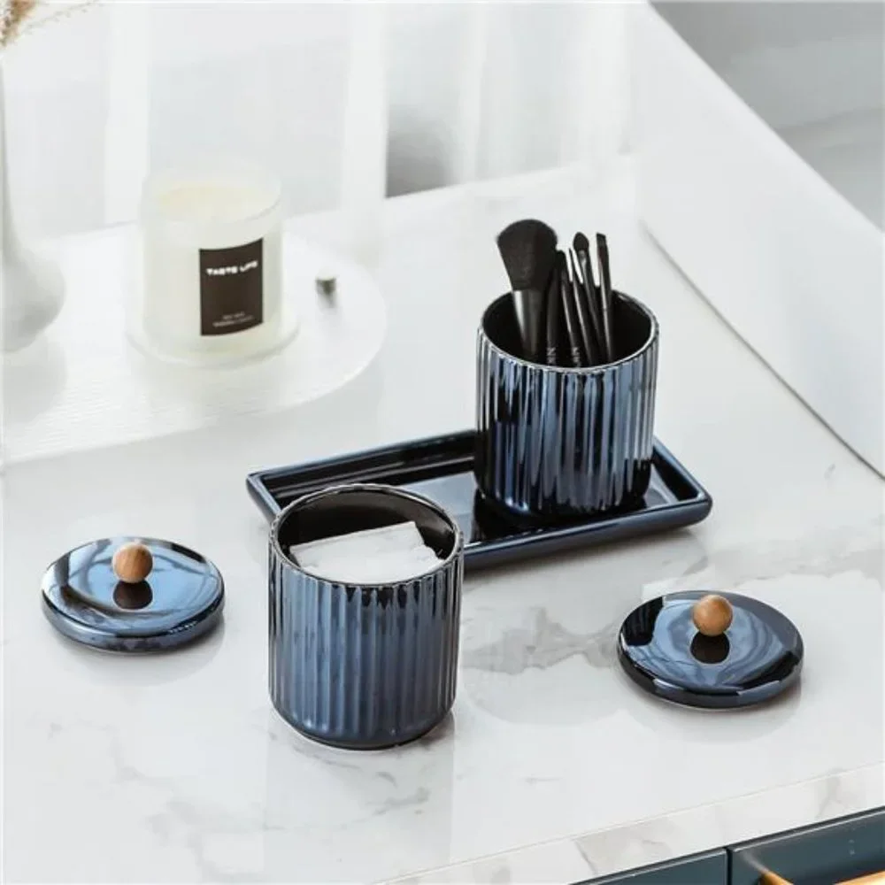 Bathroom Set with Tray(3PCS) - 2 Piece 12 oz Blue Apothecary Jar Canister